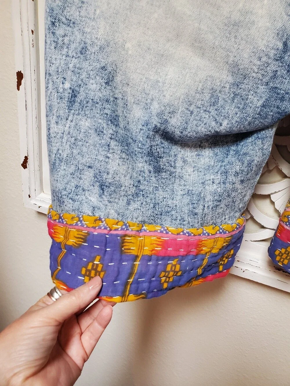 Vibrant Upcycled Kantha Hem Jean Shorts Size 15 Stretch Denim